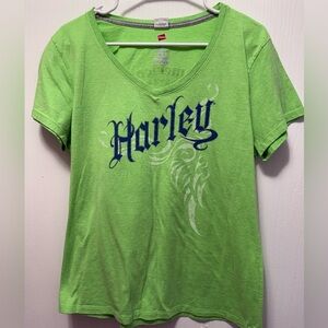Harley-Davidson Leominster MA 2013 Women’s Green V-Neck Tee With Hanes Tag